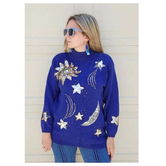 Vintage Whimsigoth Cobalt Blue Constellation Star Celestial Knit Sweater - Picture 1 of 9